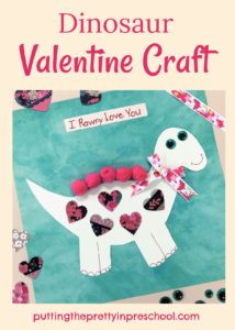 A cute and "rawr-y" dinosaur valentine craft with ribbon, hearts, and pompoms. An all-ages activity.