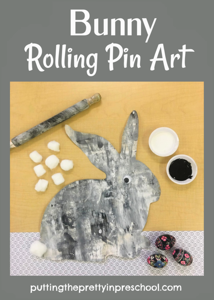 Oversized bunny rolling pin art to add variety to your program offerings. A wiggly eye and cotton ball tail are the finishing touches.