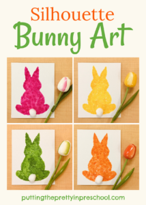 Sweet bunny art made by dabbing dot markers on a canvas to make colorful silhouettes. Free template included. An art project for the whole family.