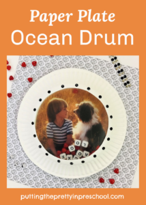 This DIY paper plate ocean drum can be personalized with a picture of a family member and/or pet.