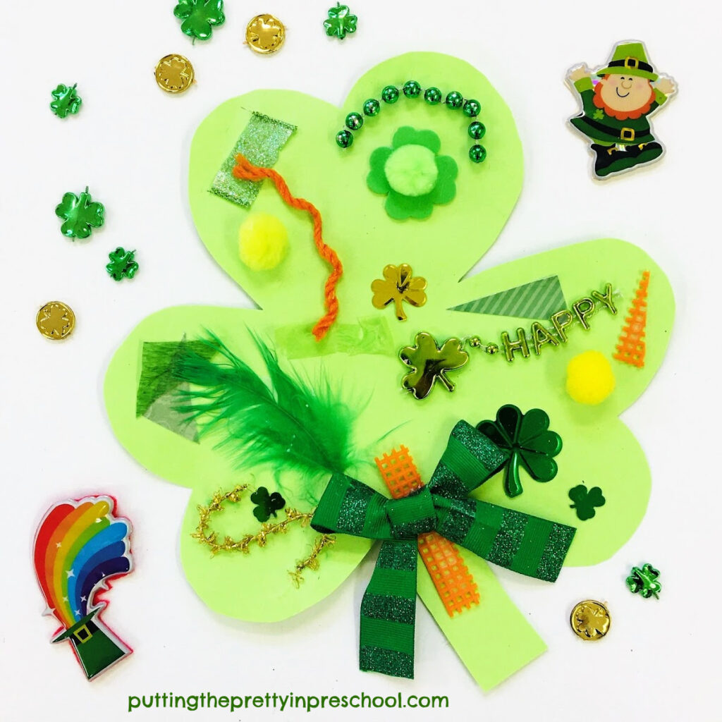 Shamrock collage with rust, green, and yellow textured craft supplies.