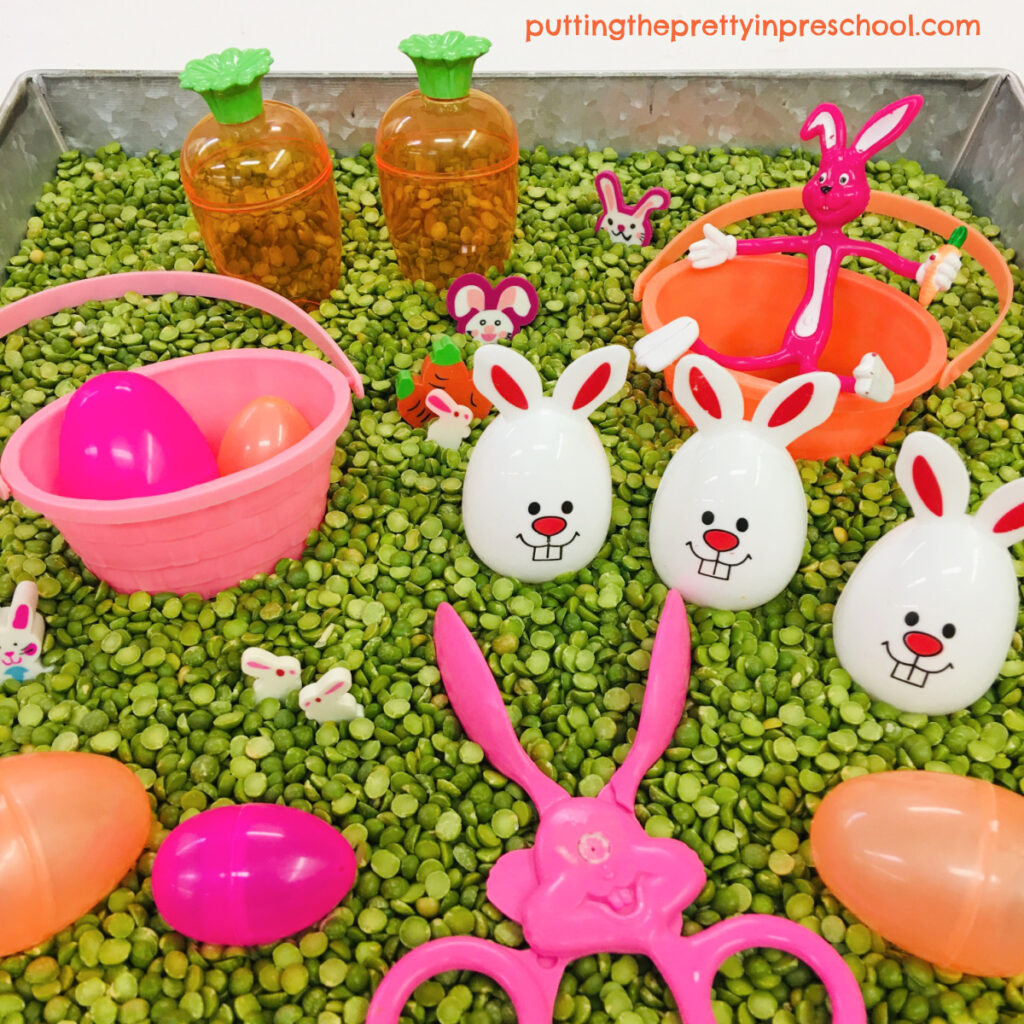 This naturally colored split-pea-based bunny sensory bin means no dyeing ingredients are needed.