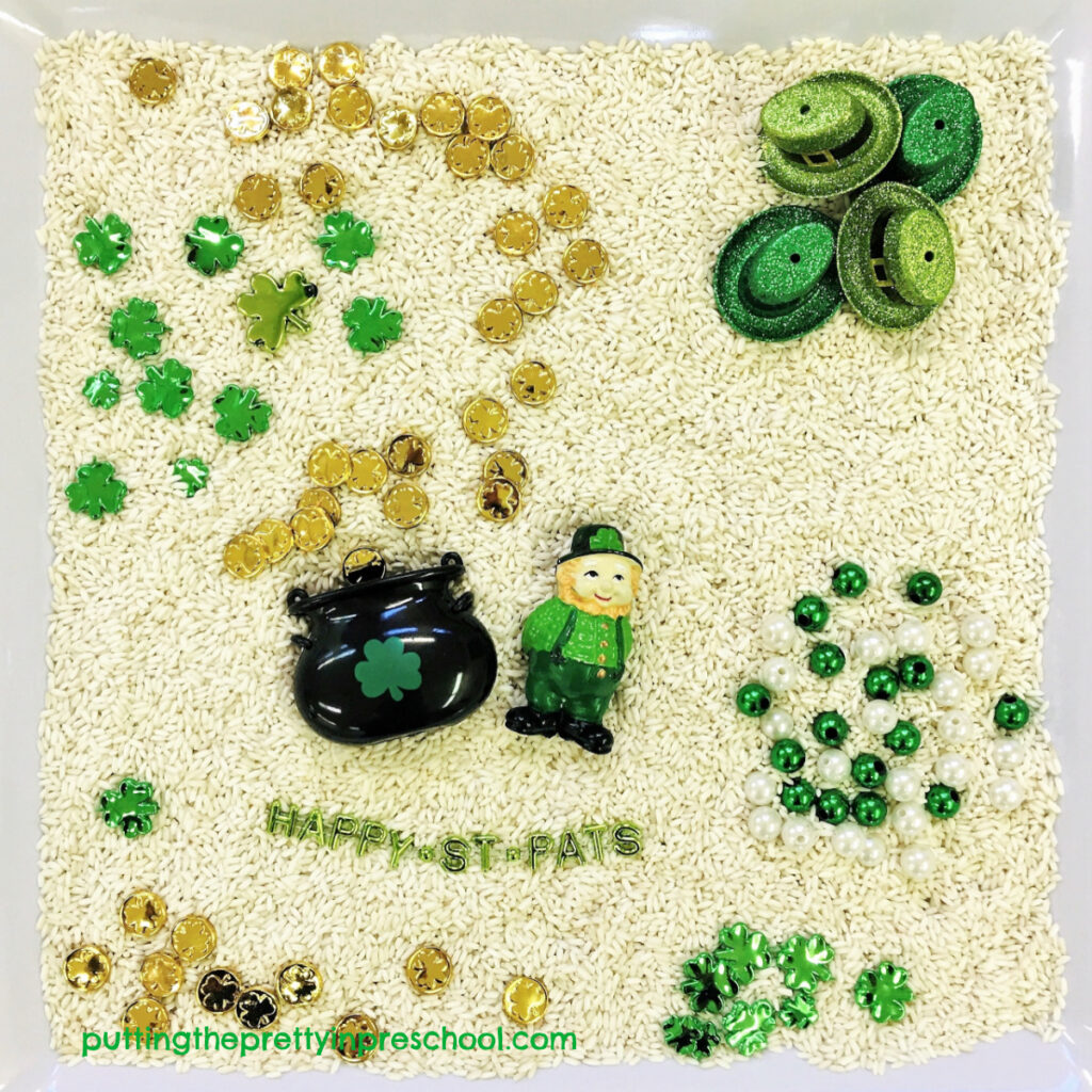 Shamrocks, gold coins, a money pot, and an oh-so tricky leprechaun are the highlights of this rice-based tray.