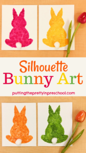 Colorful silhouette bunny art made by dabbing dot markers on a canvas. Free template included. An art project for the whole family. This quick and showy art project displays well.