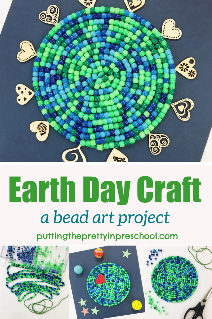 Easy to do, eye-catching earth day craft with green and blue pony beads. The activity works well as a classroom or family creative project.