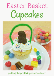 Adorable chocolate animal-topped spring basket cupcakes. Festive and fun party cupcakes that are easy to create and sure to please.