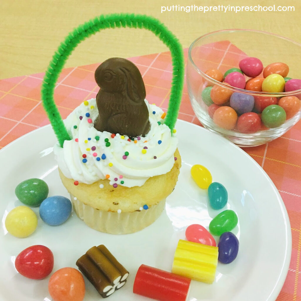 Sweet chocolate bunny-topped spring basket cupcake.