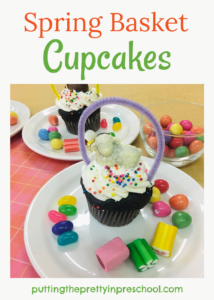 Adorable chocolate animal-topped spring basket cupcakes. Festive and fun party cupcakes that are easy to create and sure to please.