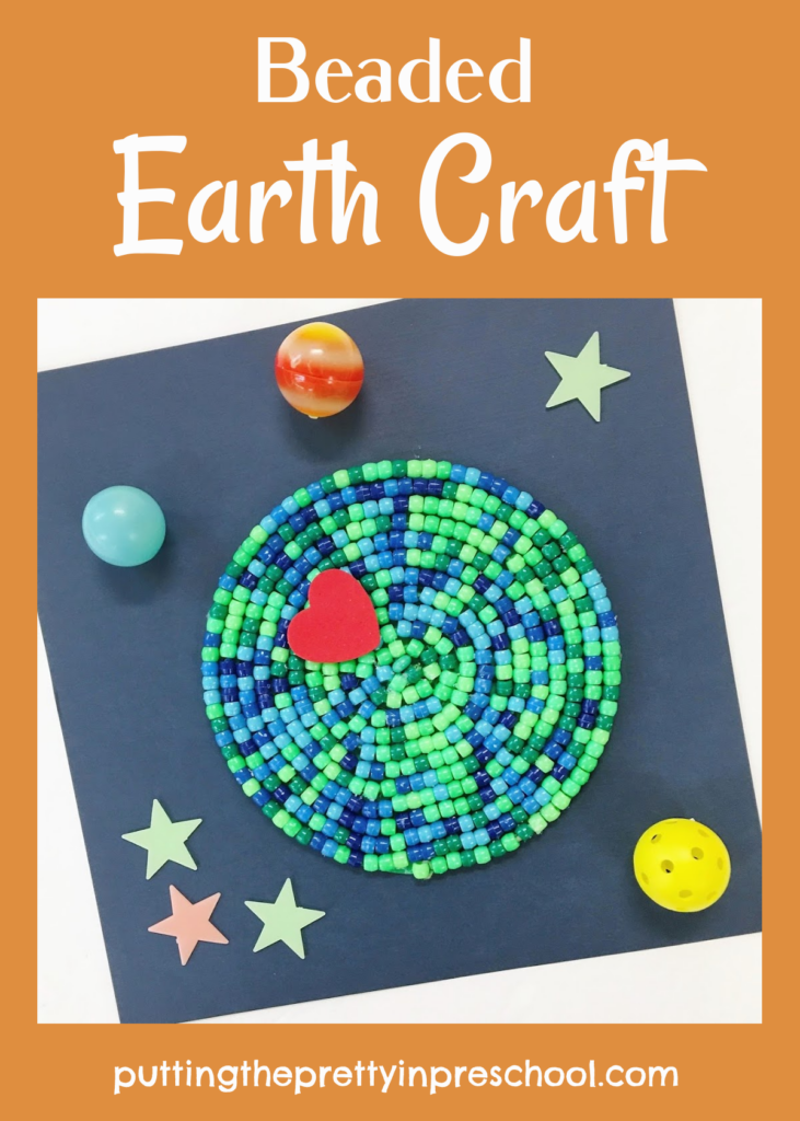 Easy to do, eye-catching earth craft with green and blue pony beads. The activity works well as a classroom or family creative project.