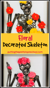 Flowers soften and brighten this floral decorated skeleton and give children an invitation to create with nature materials.