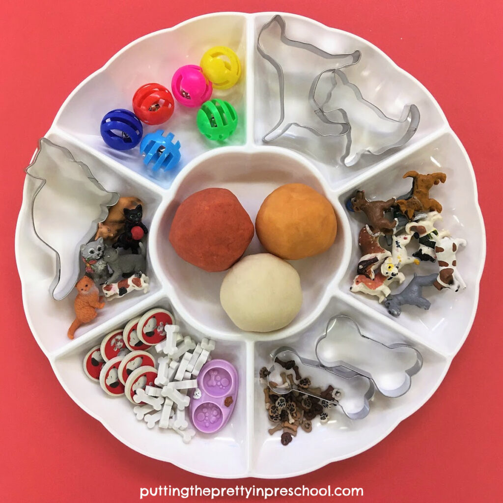 This pet-themed playdough tray is filled with cat and dog supplies little learners will love to imagine and create with.