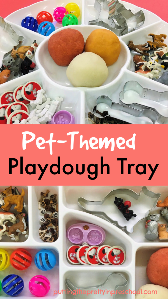 An inviting pet-themed playdough tray featuring dogs and cats. Three long-lasting playdough recipes are included.