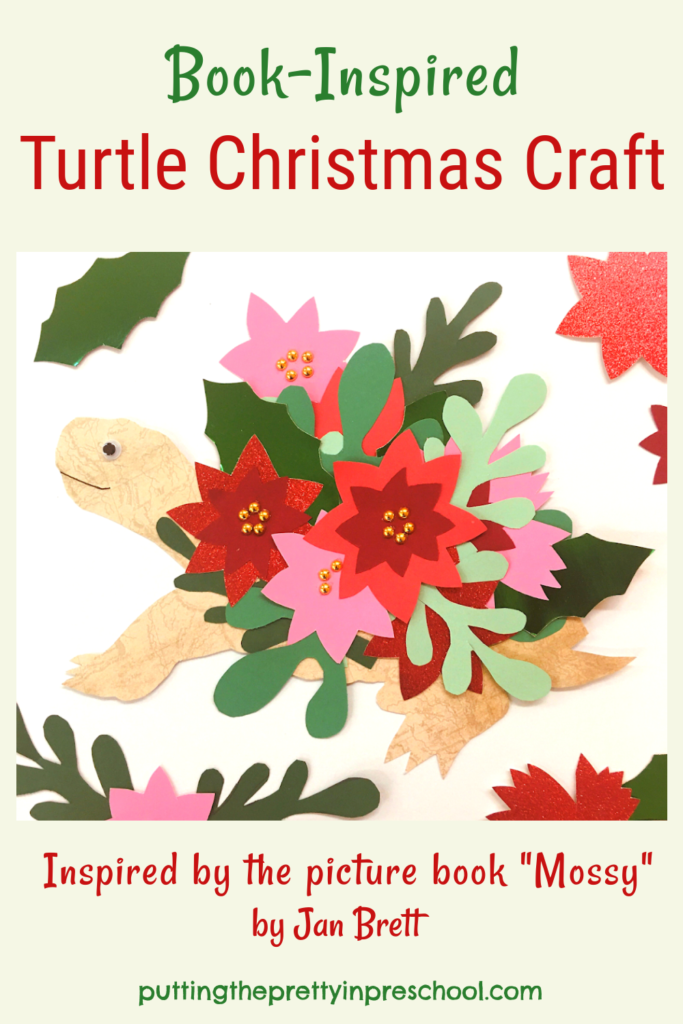 Adorable turtle Christmas paper craft inspired by the delightful picture book "Mossy" by author Jan Brett.