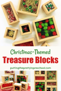 These festive Christmas treasure blocks will add a seasonal touch to any play area. Set them out on their own or add other toys in play invitations.