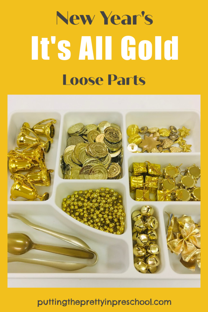 New Year's all gold sensory activity loose parts tray.