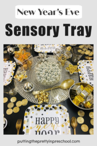 New Year's Eve sensory tray dinner invitation with metallic loose parts little learners will love to have a pretend party with.