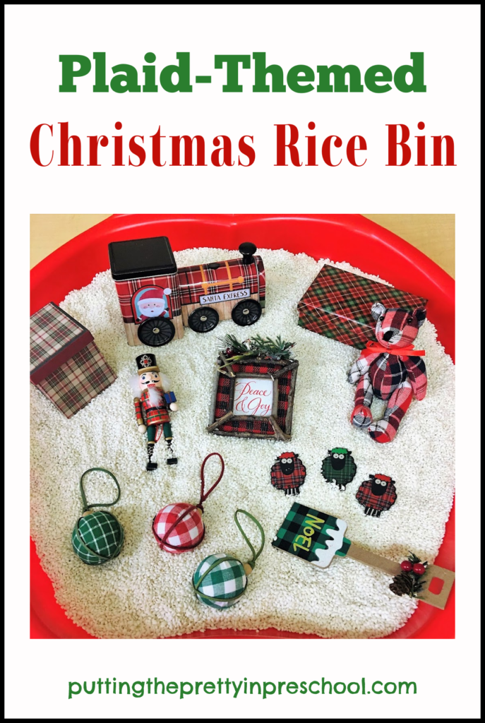 This plaid-themed Christmas rice bin is filled with cozy items for little learners to explore. A traditional bin to offer every year.