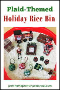 This plaid-themed holiday rice bin is filled with cozy items for little learners to explore. A traditional bin to offer year after year.