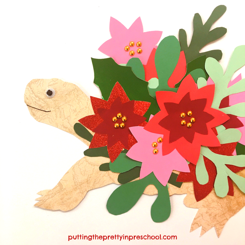 Make this festive turtle Christmas paper craft inspired by the delightful picture book "Mossy" by author Jan Brett.