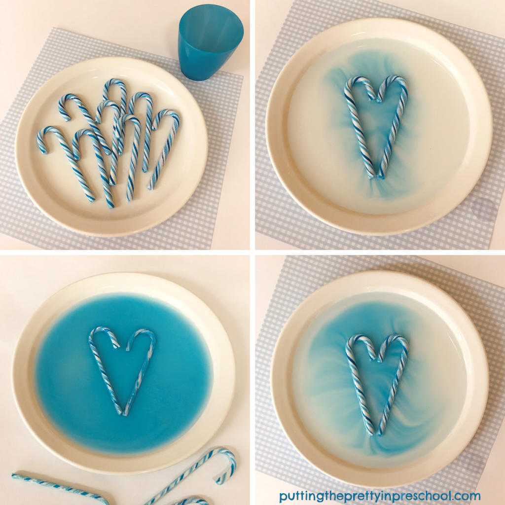 This blue candy cane heart science experiment fits into winter and transitions nicely into Valentine's Day.