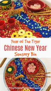 The tiger is the star of the stage in this "Year Of The Tiger" Chinese New Year chickpea bin. Tiger facts are included.