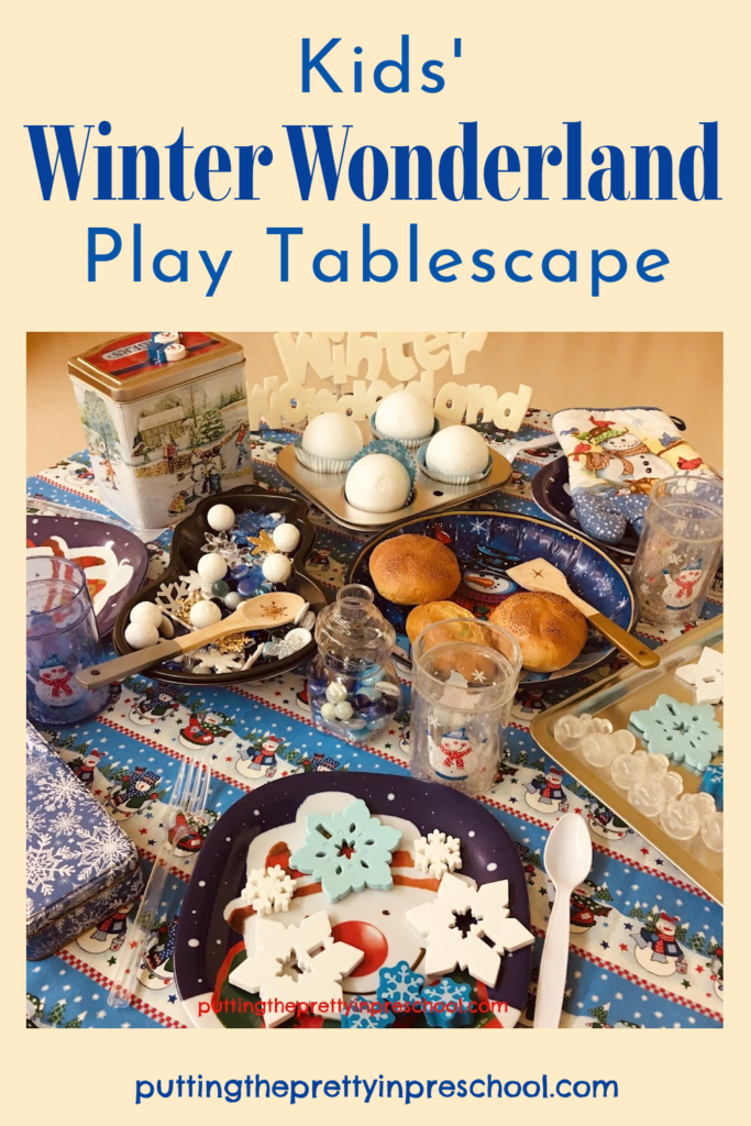 A sparkly, kids' Winter Wonderland tablescape with snowman, snowflake, and snowball accessories for little learners to explore.