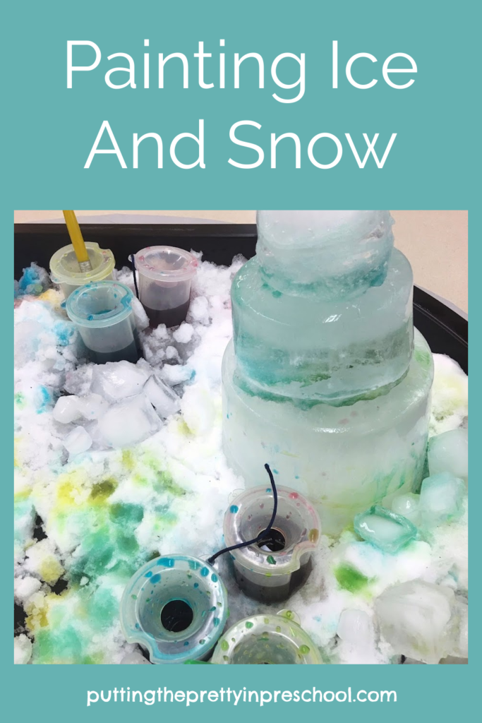 Decorating an ice cake is the highlight of this painting ice and snow sensory table activity for little learners.