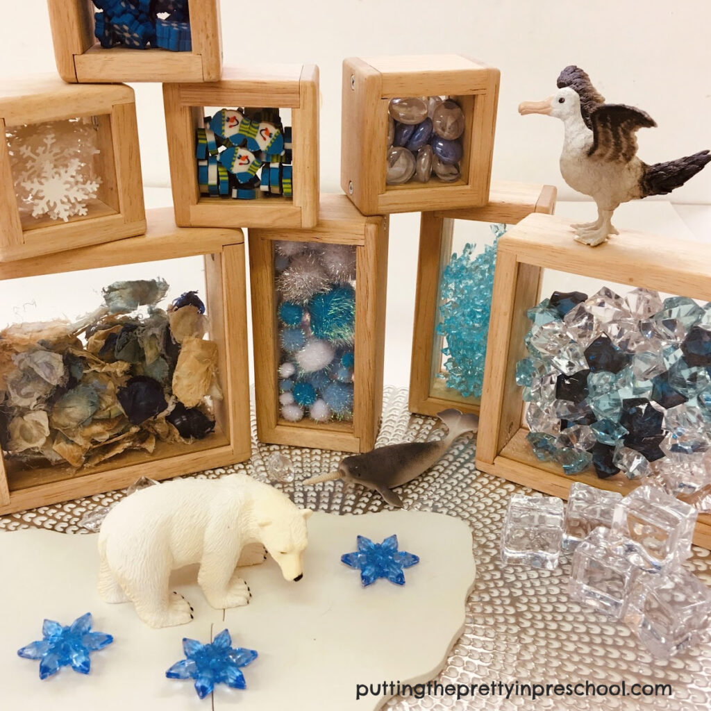 Pair these winter-themed treasure blocks with polar animals and additional loose parts.