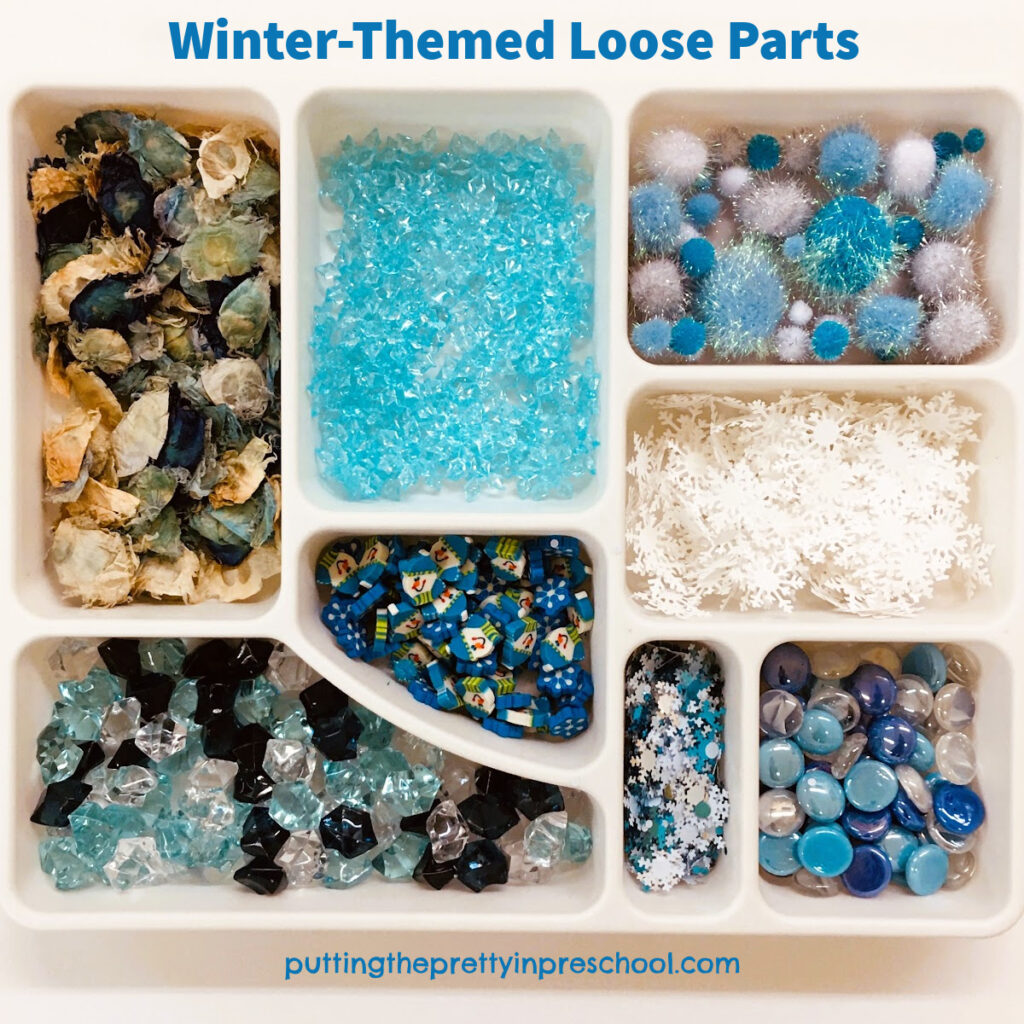 Winter-themed loose parts to use in treasure blocks or art activities.