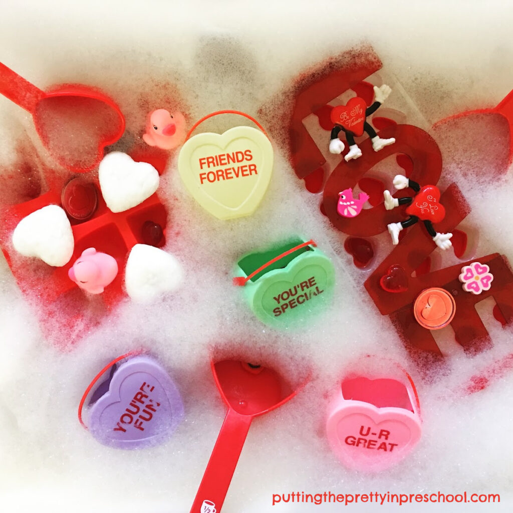 A friendly, bubbly Valentine's Day water play activity your early learners will love to participate in. A quick and easy sensory bin to set up.