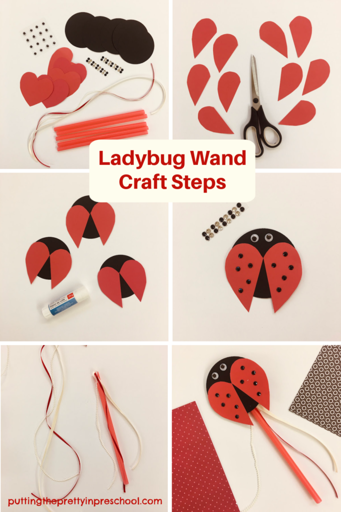 Steps to make a cute ladybug wand craft early learners will love to help create and play with.