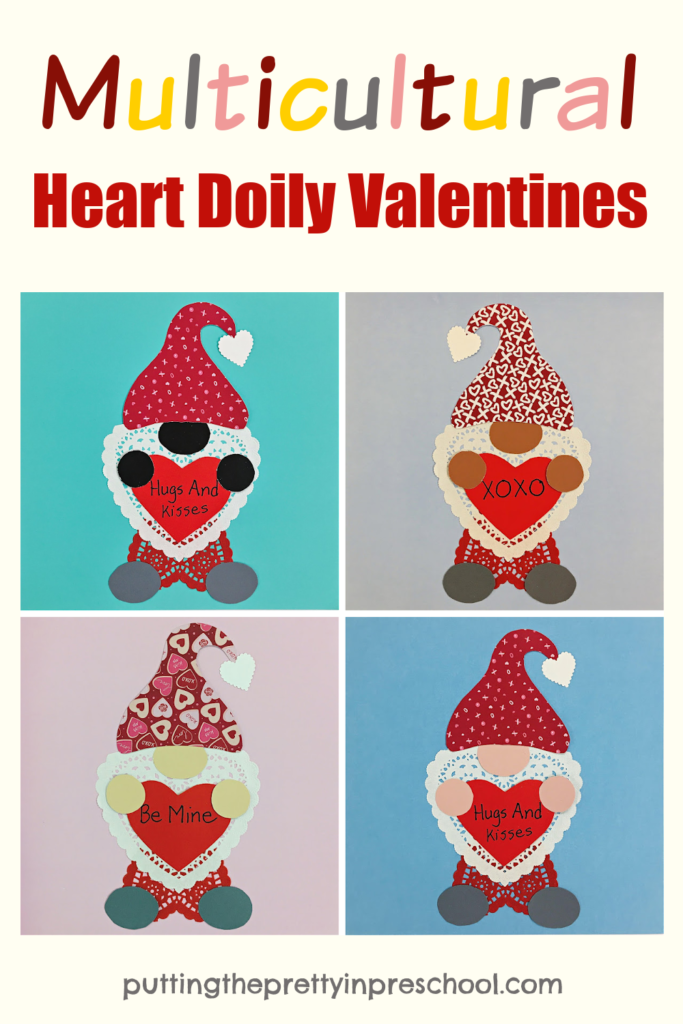 Multicultural heart doily gnome valentines that are fun for the whole family to make. Free printable included for easy crafting.