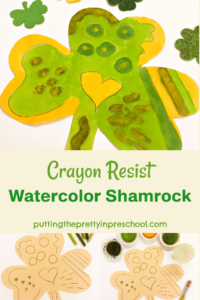 Try this simple crayon resist watercolor shamrock activity that explores variety in line, shape, and color.