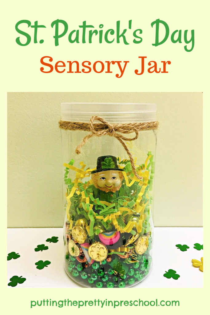 This leprechaun sensory jar is a great way to incorporate green and gold loose parts in a St. Patrick's Day activity.