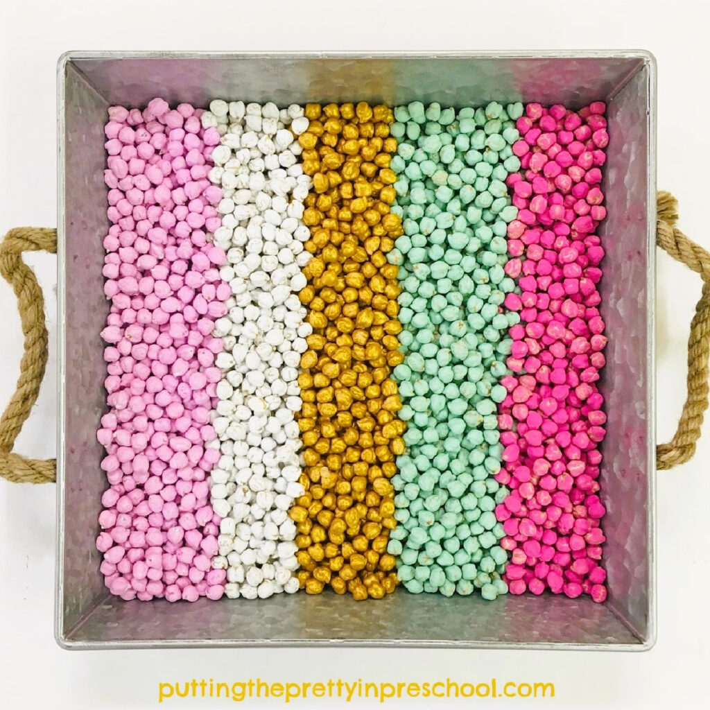 How to easily dye chickpeas with acrylic paint for colorful sensory play.