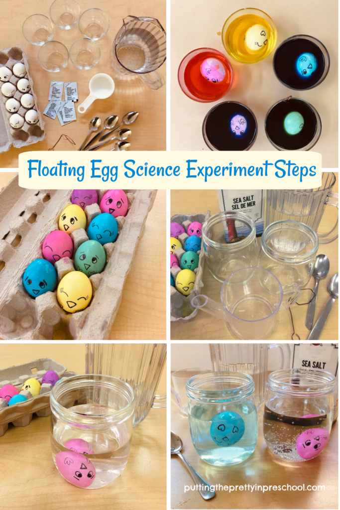 Steps to perform a simple floating egg science experiment with easy-to-gather supplies. Drawing and egg coloring are included in this activity.