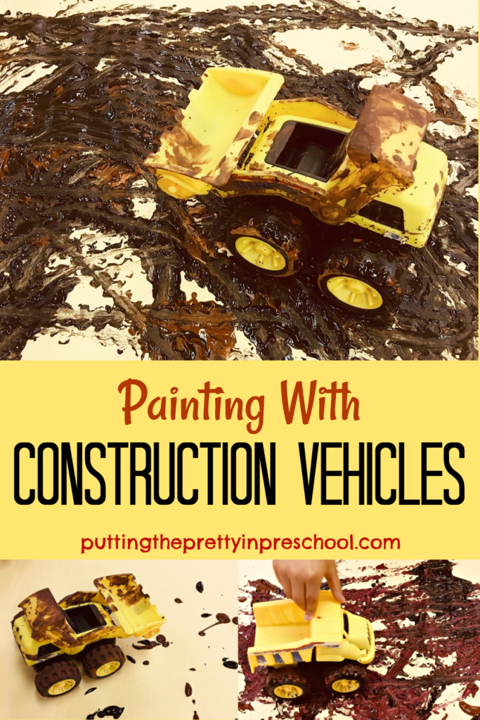 Your little learners will love this painting with construction vehicles process art activity. They'll get to make muddy tire tracks on paper.