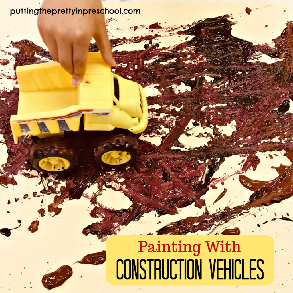 Your little learners will love this messy painting activity. They'll get to make muddy tracks with toy construction vehicles.
