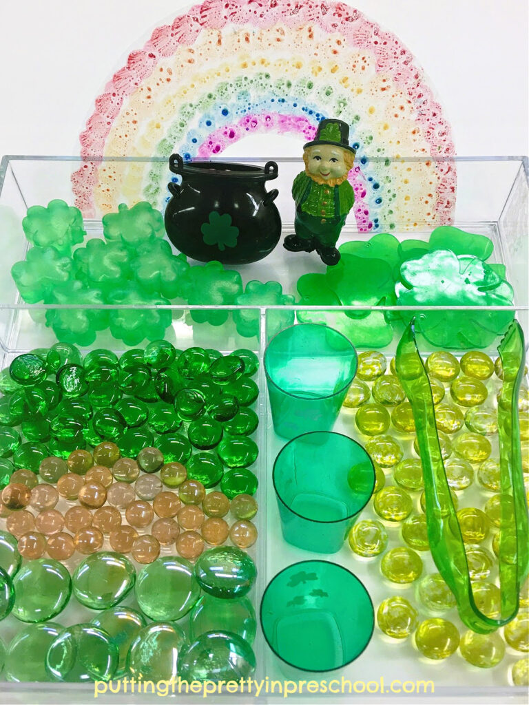 A cheeky leprechaun is the highlight of this low-maintenance, easy-to put together St. Patrick's Day light table tray.