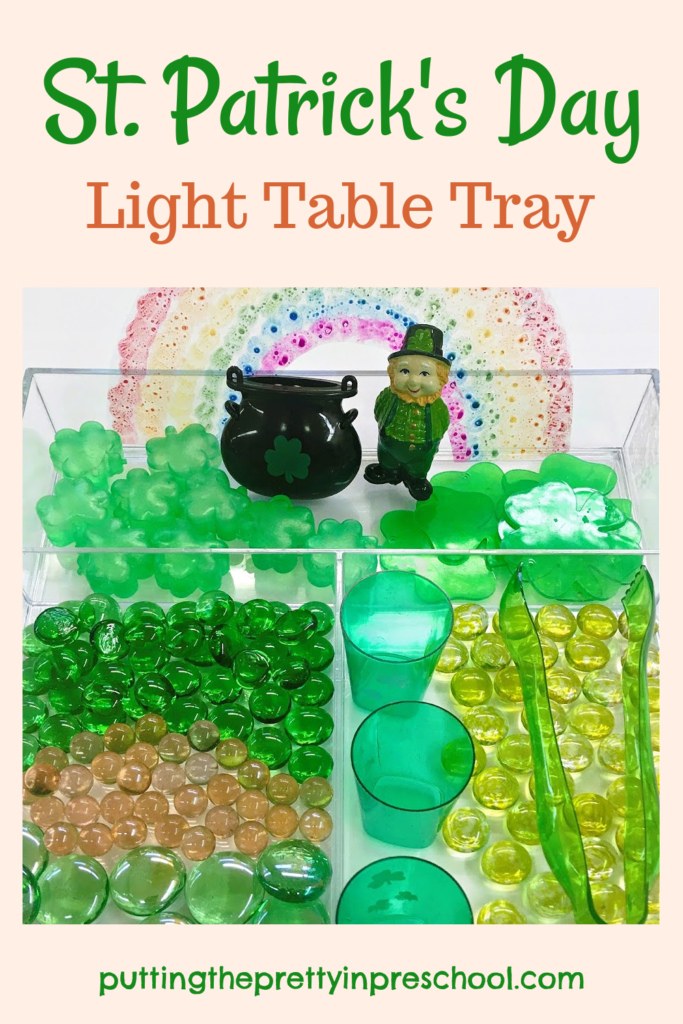 A cheeky leprechaun is the highlight of this low-maintenance, easy-to put together St. Patrick's Day light table tray.