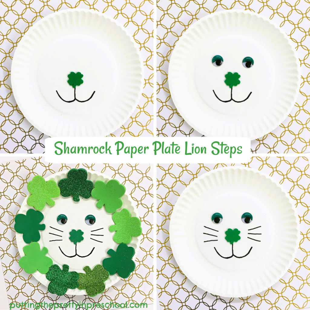 Steps to create a roarsome shamrock paper plate lion perfect for St. Patrick's Day. The craft can also be turned into a mask.