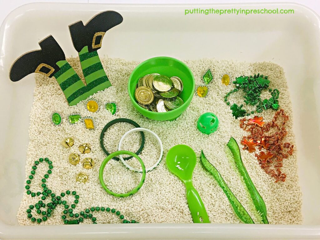A fun St. Patrick's jewelry bin with bling! Loose parts include a set of leprechaun legs to elevate the sensory experience.