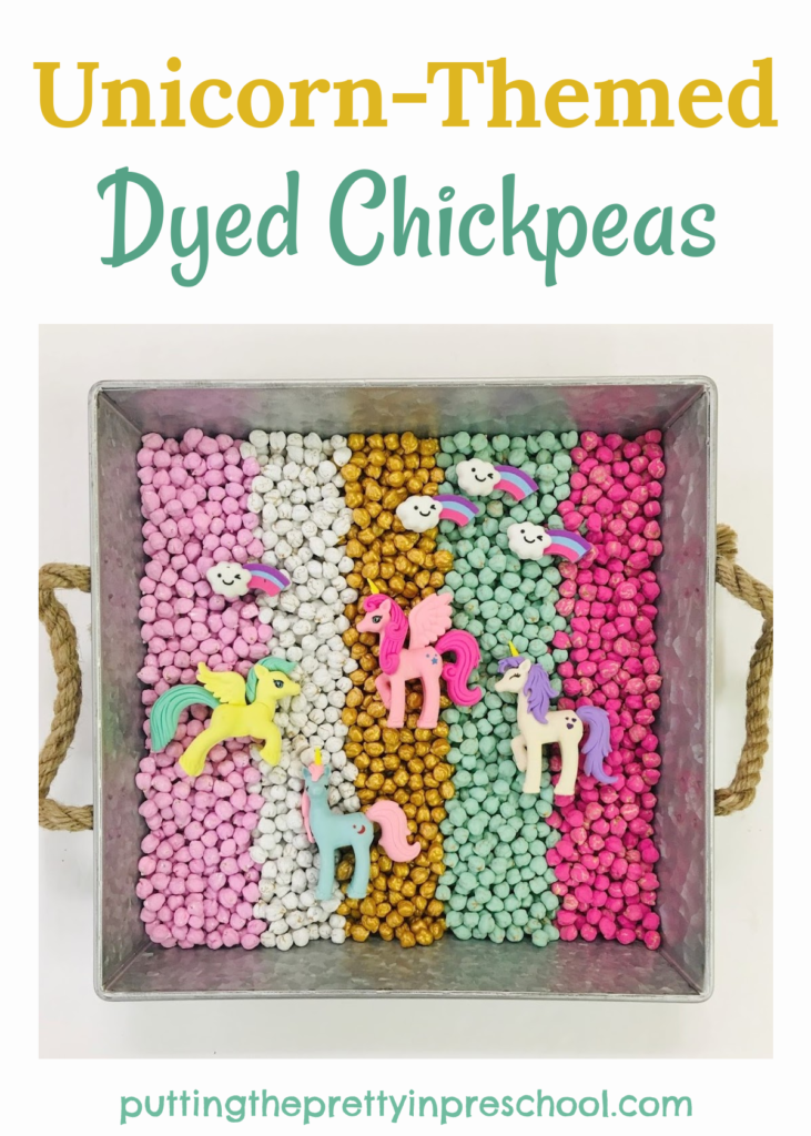 How to easily dye chickpeas to use as a base for an eye-appealing unicorn-themed sensory tray.