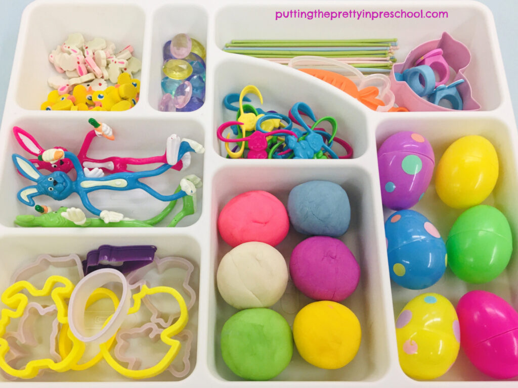This compartment tray is perfect for holding Easter-themed playdough and loose parts.
