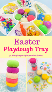 A colorful Easter playdough tray filled with spring-themed loose parts your little learners will love to explore.