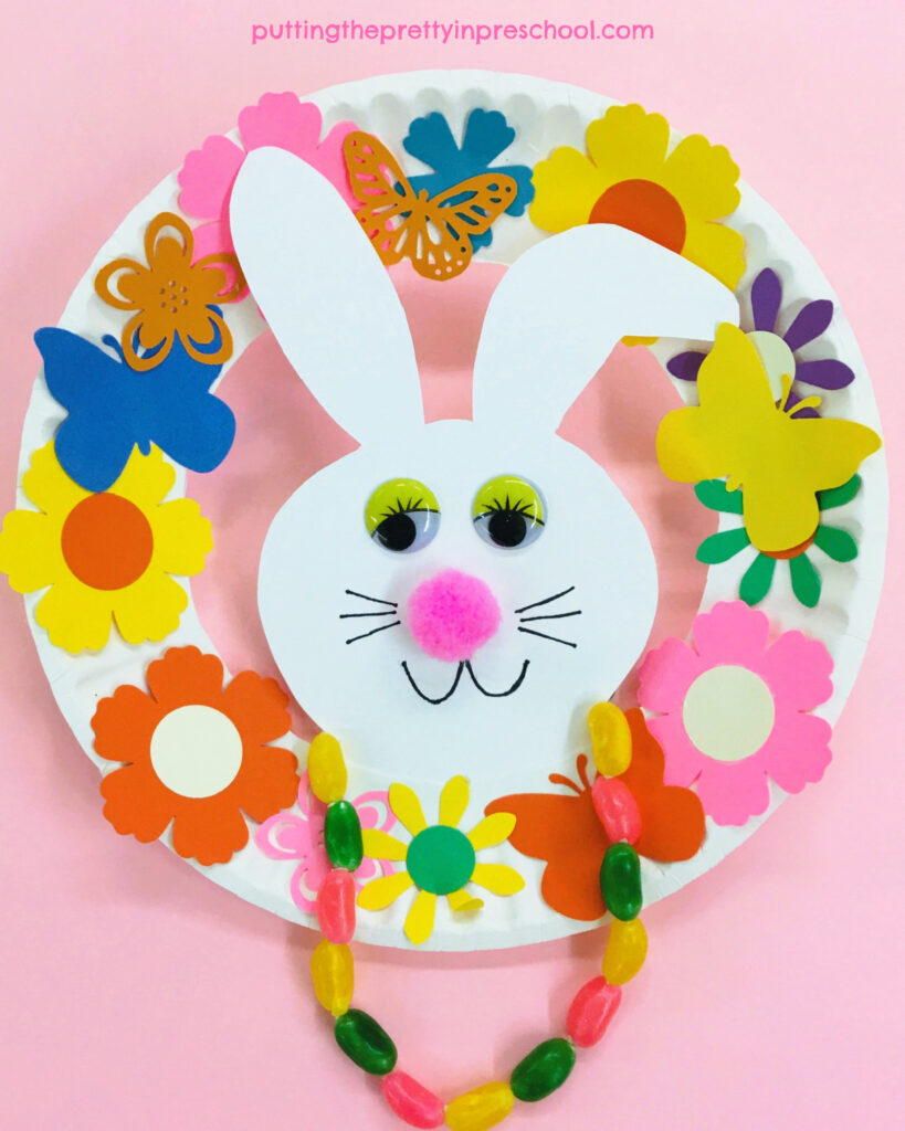 Make this adorable spring bunny paper plate craft with easy-to-find supplies. A jelly bean necklace is a finishing touch.