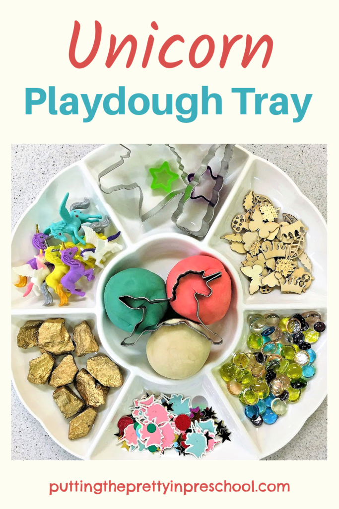 Set up this magical unicorn playdough tray early learners will love. The best homemade playdough recipes are featured.
