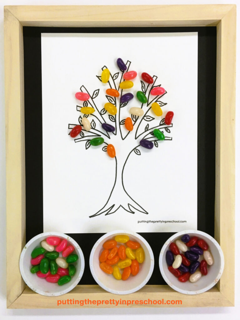 How fun! Decorate a tree template with jelly beans. Glue the tasty candies on for a finished project. Free tree printable available.