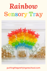 This rainbow sensory tray makes a perfect spring activity. It is designed for a light table but works on a regular one too.