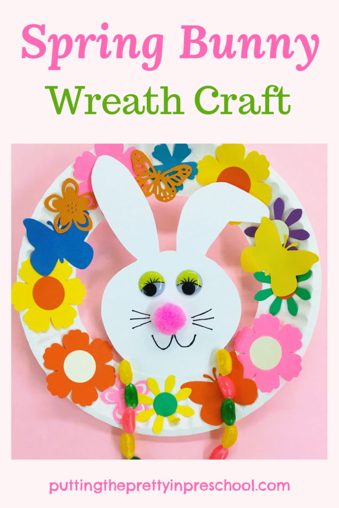 Craft this adorable spring bunny wreath with easy-to-find supplies. A jelly bean necklace is a finishing touch.